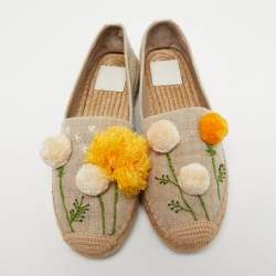 Pre Owned Tory Burch Beige Canvas Pom Pom Detail Espadrilles Flats Size 39.5