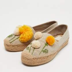 Pre Owned Tory Burch Beige Canvas Pom Pom Detail Espadrilles Flats Size 39.5