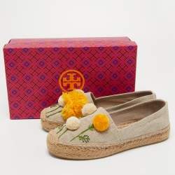 Pre Owned Tory Burch Beige Canvas Pom Pom Detail Espadrilles Flats Size 39.5