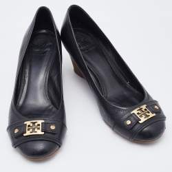 Pre Owned Tory Burch Black Leather Amanda Wedge Pumps Size 41