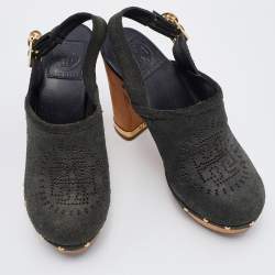 Pre Owned Tory Burch Dark Green Suede Brayden Slingback Platform Clogs Size 37.5