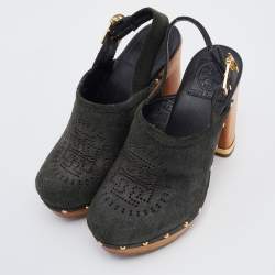 Pre Owned Tory Burch Dark Green Suede Brayden Slingback Platform Clogs Size 37.5