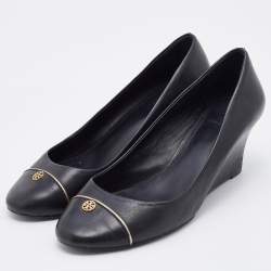 Tory Burch Black Leather Cap Toe Wedge Pumps Size 40