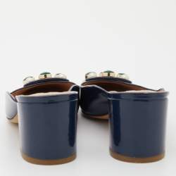 Pre Owned Tory Burch Navy Blue Patent Leather Embellished Block Heel Mules Size 38.5