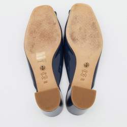 Pre Owned Tory Burch Navy Blue Patent Leather Embellished Block Heel Mules Size 38.5
