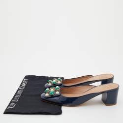 Pre Owned Tory Burch Navy Blue Patent Leather Embellished Block Heel Mules Size 38.5