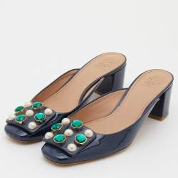 Pre Owned Tory Burch Navy Blue Patent Leather Embellished Block Heel Mules Size 38.5