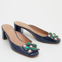 Pre Owned Tory Burch Navy Blue Patent Leather Embellished Block Heel Mules Size 38.5