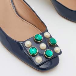 Pre Owned Tory Burch Navy Blue Patent Leather Embellished Block Heel Mules Size 38.5