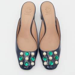 Pre Owned Tory Burch Navy Blue Patent Leather Embellished Block Heel Mules Size 38.5