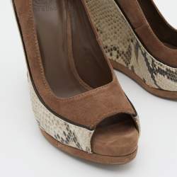 Tory Burch Brown Suede and Python Embossed Leather Sandra Wedge Pumps Size 38