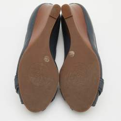 Pre Owned Tory Burch Dark Grey Leather Peep Toe Wedge Pumps Size 38