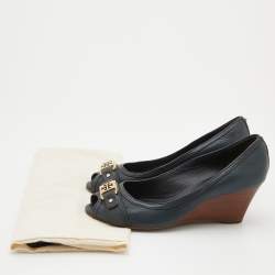 Pre Owned Tory Burch Dark Grey Leather Peep Toe Wedge Pumps Size 38