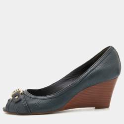 Pre Owned Tory Burch Dark Grey Leather Peep Toe Wedge Pumps Size 38