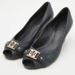 Pre Owned Tory Burch Dark Grey Leather Peep Toe Wedge Pumps Size 38