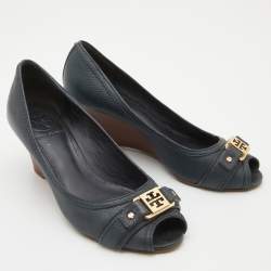 Pre Owned Tory Burch Dark Grey Leather Peep Toe Wedge Pumps Size 38