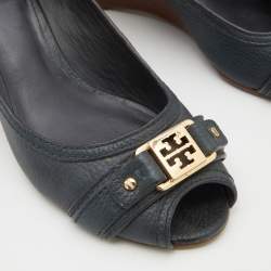 Pre Owned Tory Burch Dark Grey Leather Peep Toe Wedge Pumps Size 38