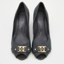 Pre Owned Tory Burch Dark Grey Leather Peep Toe Wedge Pumps Size 38