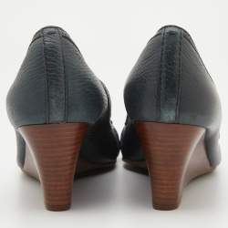 Pre Owned Tory Burch Dark Grey Leather Peep Toe Wedge Pumps Size 38