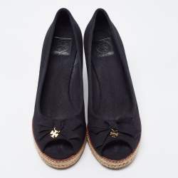 Pre Owned Tory Burch Black Canvas Jackie Wedge Espadrille Pumps Size 38.5