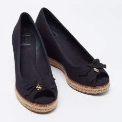 Pre Owned Tory Burch Black Canvas Jackie Wedge Espadrille Pumps Size 38.5