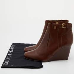 Pre Owned Tory Burch Dark Brown Leather Ankle Length Wedge Boots Size 37