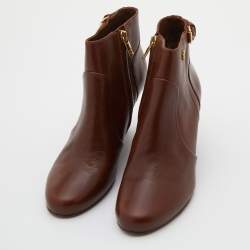 Pre Owned Tory Burch Dark Brown Leather Ankle Length Wedge Boots Size 37