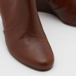 Pre Owned Tory Burch Dark Brown Leather Ankle Length Wedge Boots Size 37