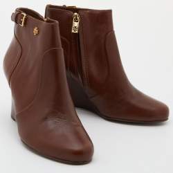 Pre Owned Tory Burch Dark Brown Leather Ankle Length Wedge Boots Size 37