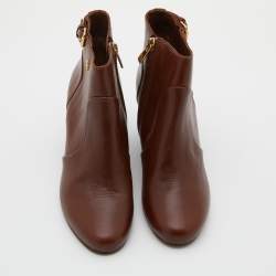 Pre Owned Tory Burch Dark Brown Leather Ankle Length Wedge Boots Size 37