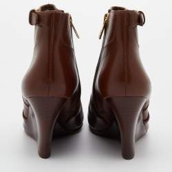 Pre Owned Tory Burch Dark Brown Leather Ankle Length Wedge Boots Size 37