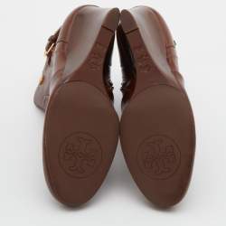 Pre Owned Tory Burch Dark Brown Leather Ankle Length Wedge Boots Size 37