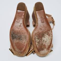 Pre Owned Tory Burch Beige Fabric and Leather Bow Penny Wedge Sandals Size 39.5