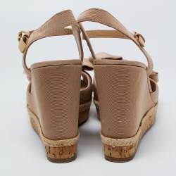 Pre Owned Tory Burch Beige Fabric and Leather Bow Penny Wedge Sandals Size 39.5