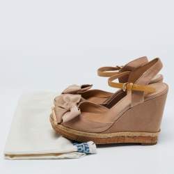 Pre Owned Tory Burch Beige Fabric and Leather Bow Penny Wedge Sandals Size 39.5