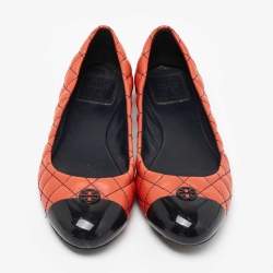 Pre Owned Tory Burch Orange/Black Quilted Leather and Patent Cap Toe Kaitlin Ballet Flats Size 39