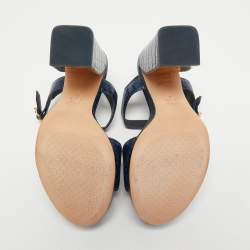 Pre Owned Tory Burch Navy Blue Croc Embossed Leather Maritine Platform Sandals Size 37.5