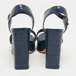 Pre Owned Tory Burch Navy Blue Croc Embossed Leather Maritine Platform Sandals Size 37.5