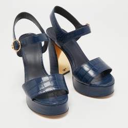 Pre Owned Tory Burch Navy Blue Croc Embossed Leather Maritine Platform Sandals Size 37.5