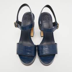 Pre Owned Tory Burch Navy Blue Croc Embossed Leather Maritine Platform Sandals Size 37.5