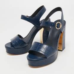 Pre Owned Tory Burch Navy Blue Croc Embossed Leather Maritine Platform Sandals Size 37.5