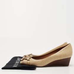 Pre Owned Tory Burch Beige Embossed Lizard Leather Julianne Peep Toe Wedge Pumps Size 37.5