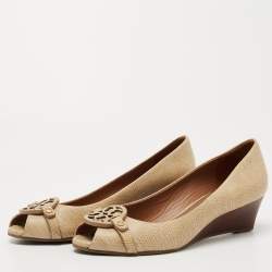 Pre Owned Tory Burch Beige Embossed Lizard Leather Julianne Peep Toe Wedge Pumps Size 37.5