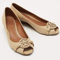 Pre Owned Tory Burch Beige Embossed Lizard Leather Julianne Peep Toe Wedge Pumps Size 37.5