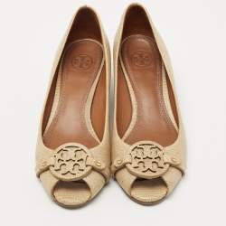 Pre Owned Tory Burch Beige Embossed Lizard Leather Julianne Peep Toe Wedge Pumps Size 37.5