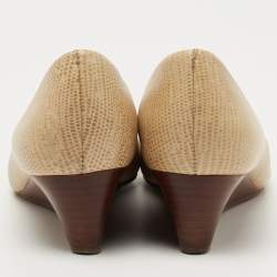 Pre Owned Tory Burch Beige Embossed Lizard Leather Julianne Peep Toe Wedge Pumps Size 37.5