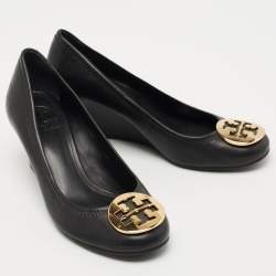 Pre Owned Tory Burch Black Leather Sally Wedge Pumps Size 38