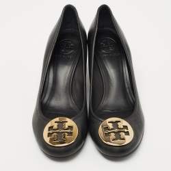 Pre Owned Tory Burch Black Leather Sally Wedge Pumps Size 38