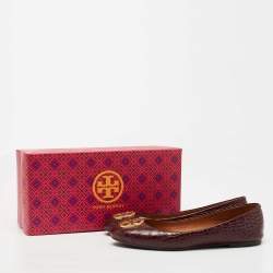 Pre Owned Tory Burch Burgundy Croc Embossed Leather Chelsea Ballet Flats Size 38.5