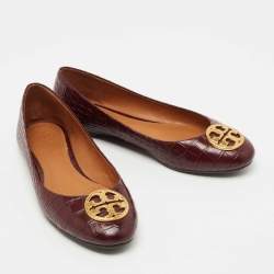 Pre Owned Tory Burch Burgundy Croc Embossed Leather Chelsea Ballet Flats Size 38.5